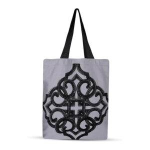 Black Floral Embroidery on Gray Canvas Corduroy Tote Bags